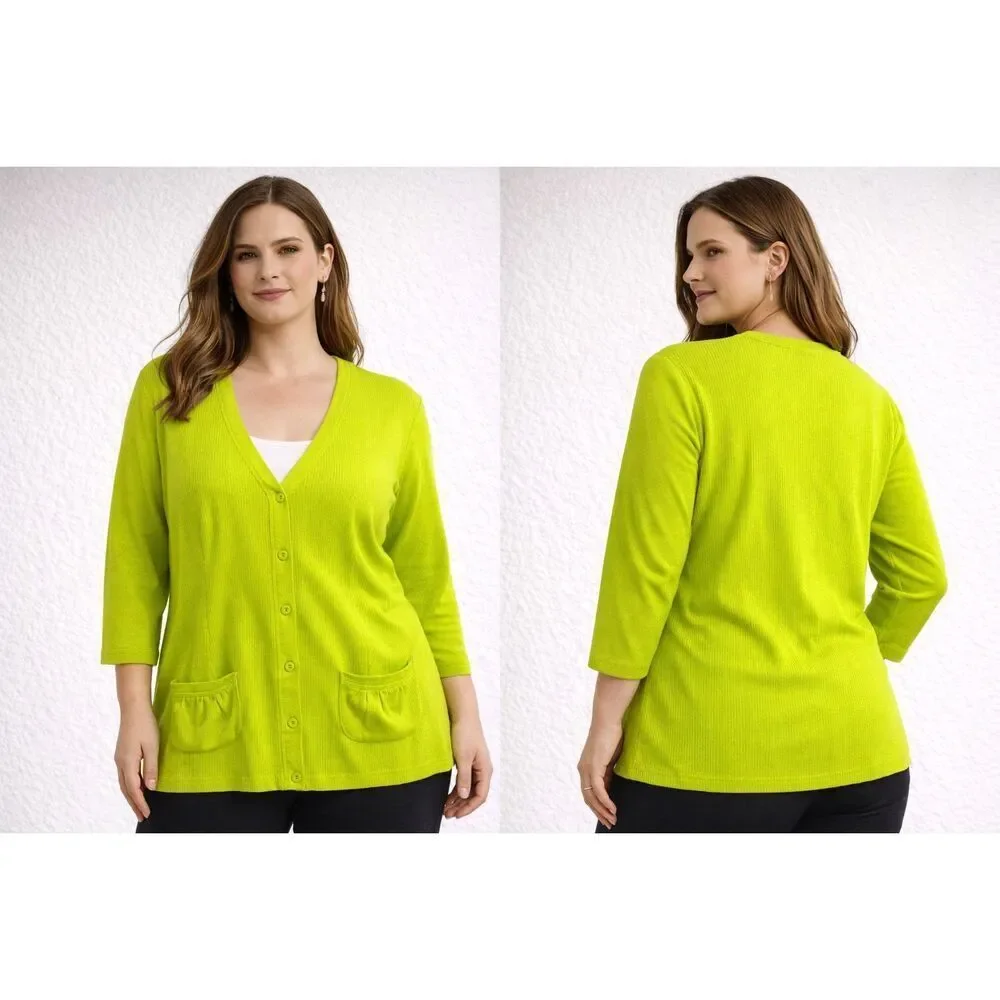 Melrose Chic Women’s Cardigan Size L Neon Green Ribbed Button Front Stretch Top